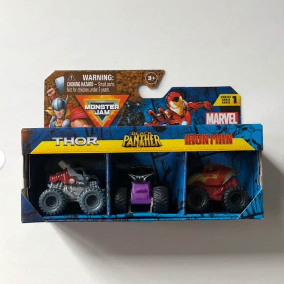Monster Jam Mini Monster Trucks: Marvel Series 1 - Thor, Black Panther, Iron Man - Picture 1 of 4